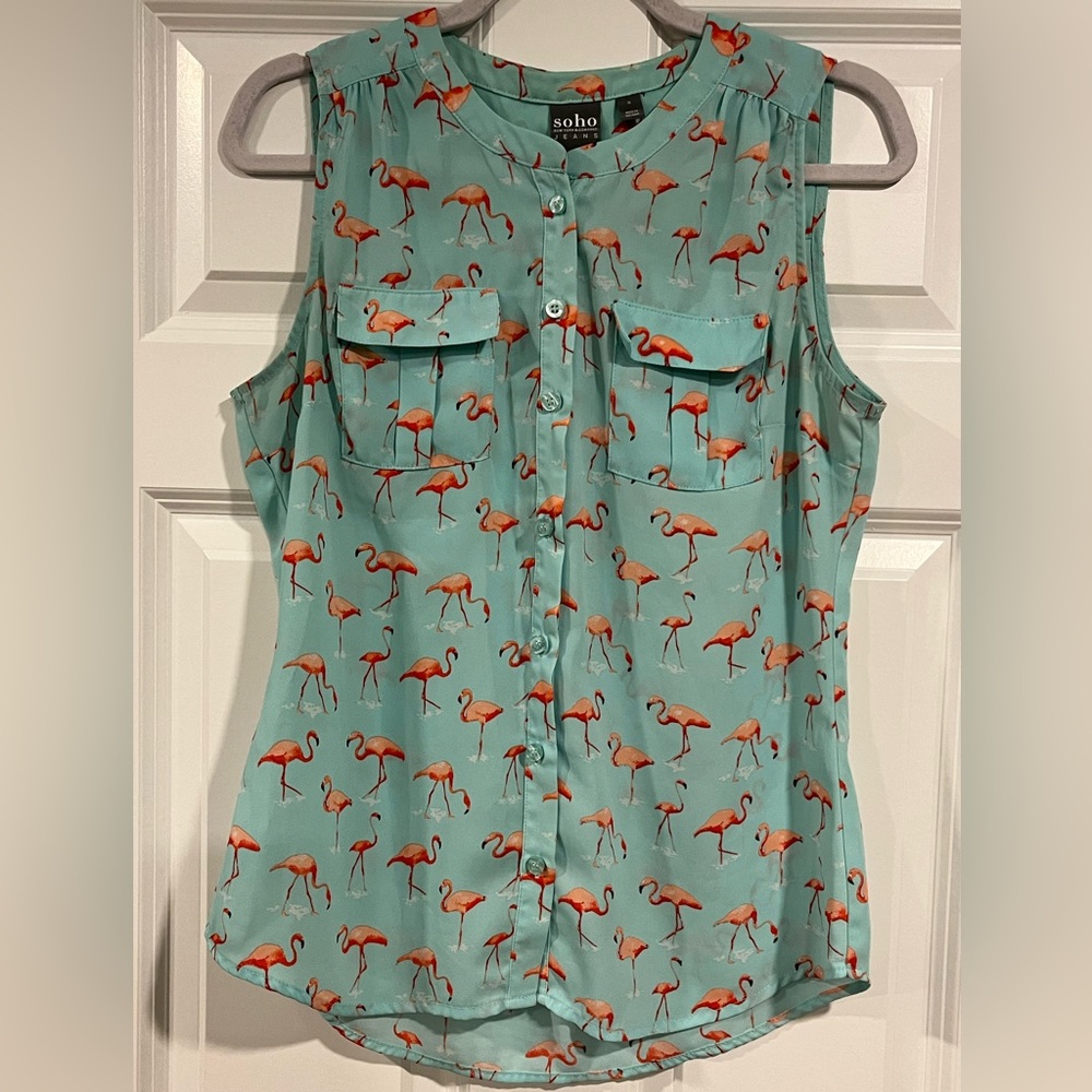 Soho Aqua Flamingo Print Blouse